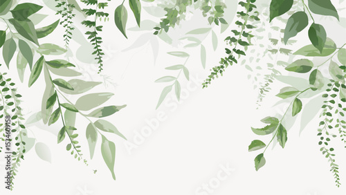 Watercolor illustration of green leaves and ferns hanging from the top edges of the frame space