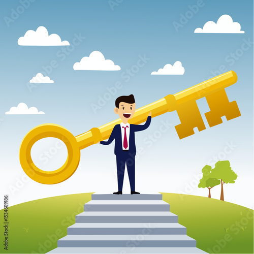Golden key to unlock, solve business problem, professional to give solutions, success business key or unlock business accessibility concept, smart businessman holding golden key to unlock the pa
