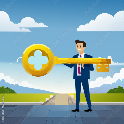 Golden key to unlock, solve business problem, professional to give solutions, success business key or unlock business accessibility concept, smart businessman holding golden key to unlock the pa