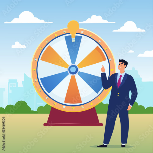 Life depend on luck, fortune wheel randomness, chance and opportunity to get new job, investment winning or gambling concept, excite businessman looking at spinning fortune wheel waiting for luc