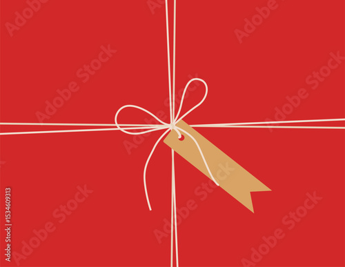 Flat red background, banner gift tied up with cotton red rope bakers twine bow and ribbons with blank kraft paper star tag. Packing string for present, pastry box for New Year, Christmas. Vector EPS10