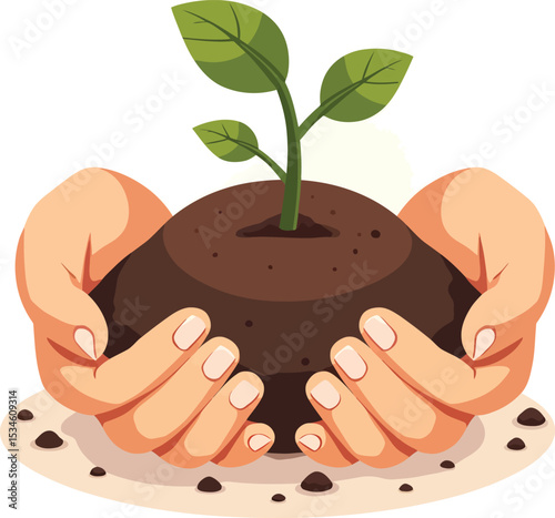 Plant a tree illustration with hands holding soil and sprout for earth day and environmental awareness