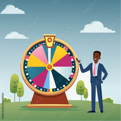Life depend on luck, fortune wheel randomness, chance and opportunity to get new job, investment winning or gambling concept, excite businessman looking at spinning fortune wheel waiting for luc
