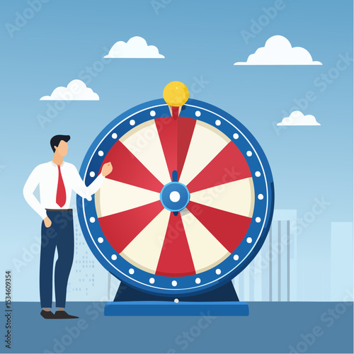 Life depend on luck, fortune wheel randomness, chance and opportunity to get new job, investment winning or gambling concept, excite businessman looking at spinning fortune wheel waiting for luc