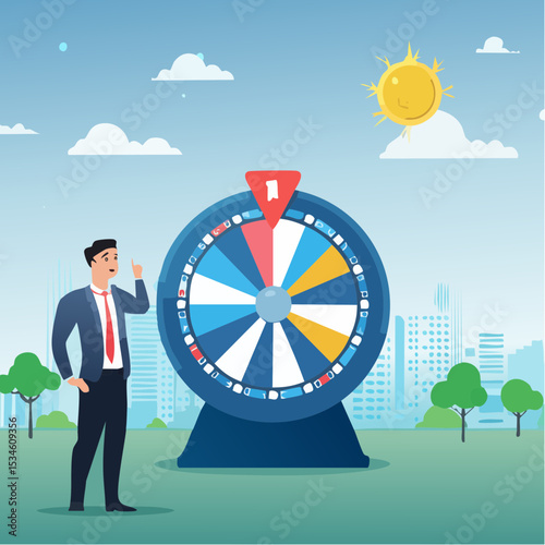 Life depend on luck, fortune wheel randomness, chance and opportunity to get new job, investment winning or gambling concept, excite businessman looking at spinning fortune wheel waiting for luc