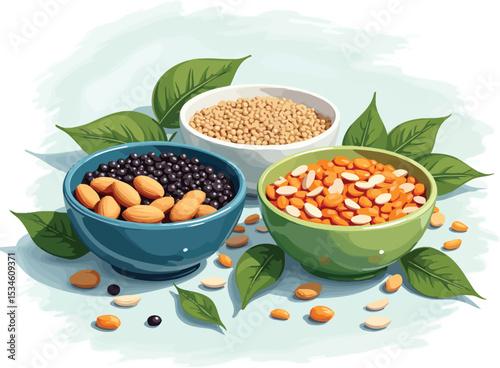Assorted nuts and seeds in bowls for healthy eating and nutritious snacks concept illustration art