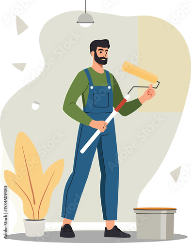 Professional painter painting wall with roller home improvement and renovation services concept design