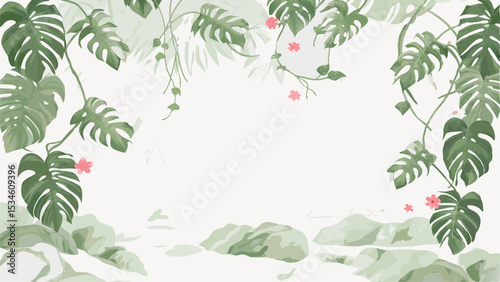 Watercolor painting featuring monstera leaves vines and delicate pink flowers with a serene backdrop