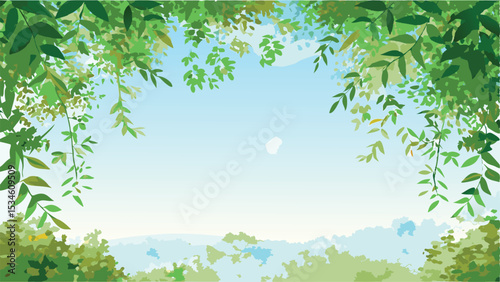View of the sky through a canopy of green leaves with distant trees and a bright light spot in the sky