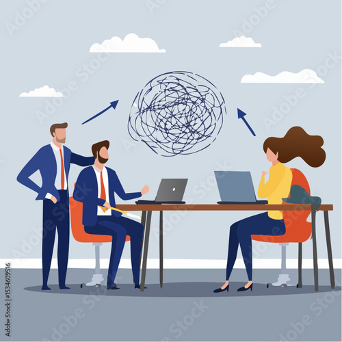 Communication problem, misunderstanding or confusion, mess or chaos communicate, conflict opinion, discussion or meeting conversation concept, business people colleagues communicate with messy lin
