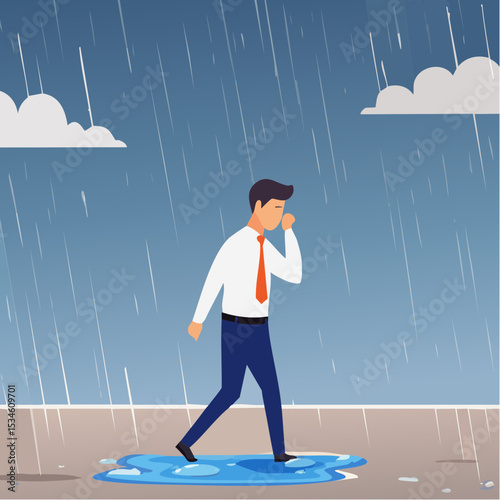 Having bad day, disappointed work, discourage or depression, failure feeling bad or difficulty, having problem and trouble concept, depressed wet businessman walking in raining thunderstorm