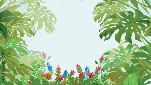 Illustration of tropical foliage with monstera leaves and colorful flowers framing a light blue sky