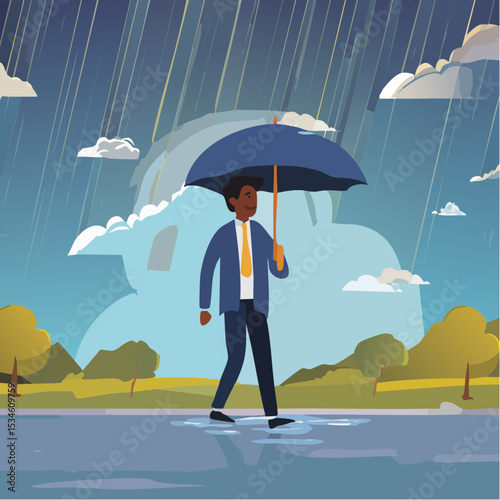 Having bad day, disappointed work, discourage or depression, failure feeling bad or difficulty, having problem and trouble concept, depressed wet businessman walking in raining thunderstorm