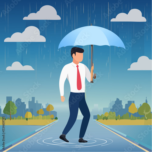 Having bad day, disappointed work, discourage or depression, failure feeling bad or difficulty, having problem and trouble concept, depressed wet businessman walking in raining thunderstorm
