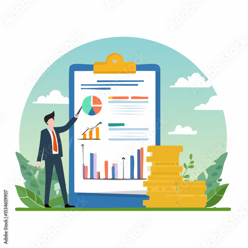 Financial statement, money expense profit and loss report, tax audit chart and graph, calculate budget, financial research or banking document concept, business man with financial statement documen