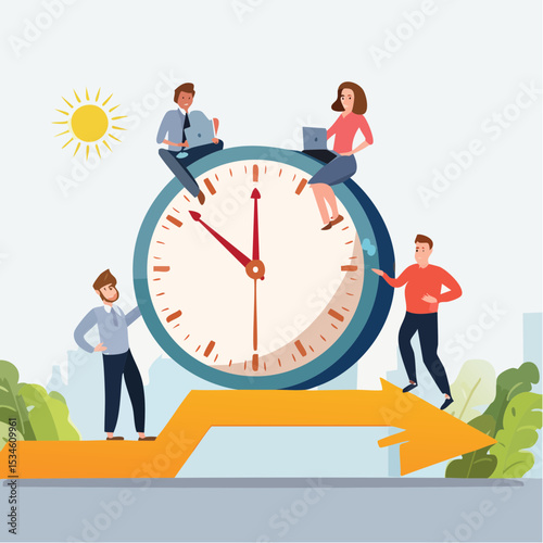 Time management, effort or efficiency boost, productivity to finish project, teamwork or planning, multitasking or finish work within deadline concept, business people riding clock up rising arro