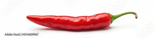 Fiery red hot chili pepper isolated on white background, green leaves, close-up