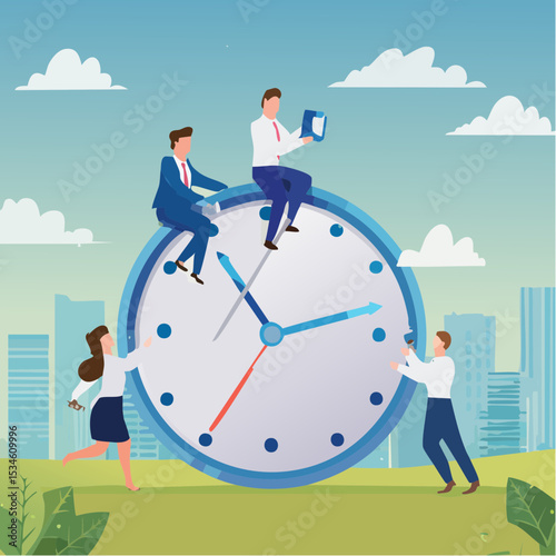 Time management, effort or efficiency boost, productivity to finish project, teamwork or planning, multitasking or finish work within deadline concept, business people riding clock up rising arro