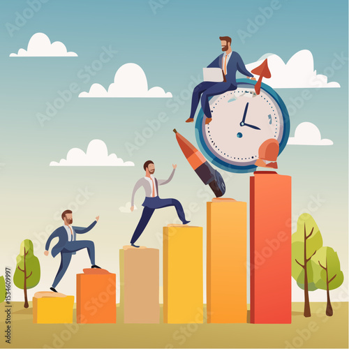 Time management, effort or efficiency boost, productivity to finish project, teamwork or planning, multitasking or finish work within deadline concept, business people riding clock up rising arro
