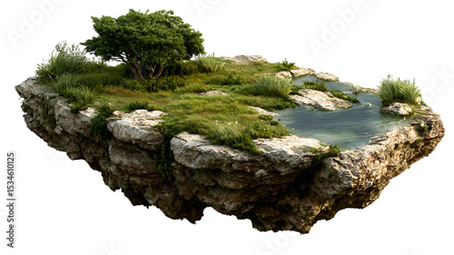 Fototapeta Naklejka Na Ścianę i Meble -  Fantasy floating island landscape with lush vegetation and tranquil water environment illustration