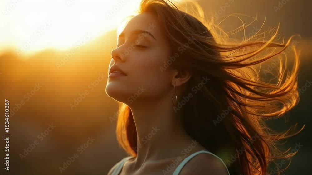 Young woman enjoying the sunset with flowing hair outdoors  