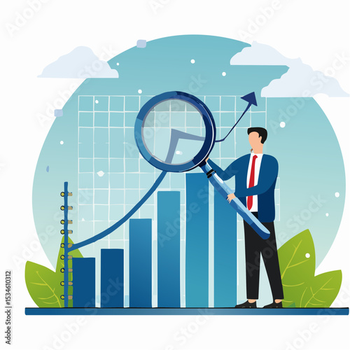 Trend analysis, marketing and sales information, analyze or predict trend line or profit, business forecast report concept, businessman analyst analyze trend graph and chart with magnifying glas