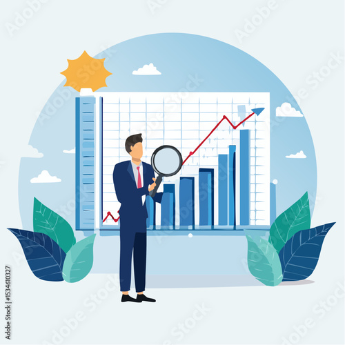 Trend analysis, marketing and sales information, analyze or predict trend line or profit, business forecast report concept, businessman analyst analyze trend graph and chart with magnifying glas