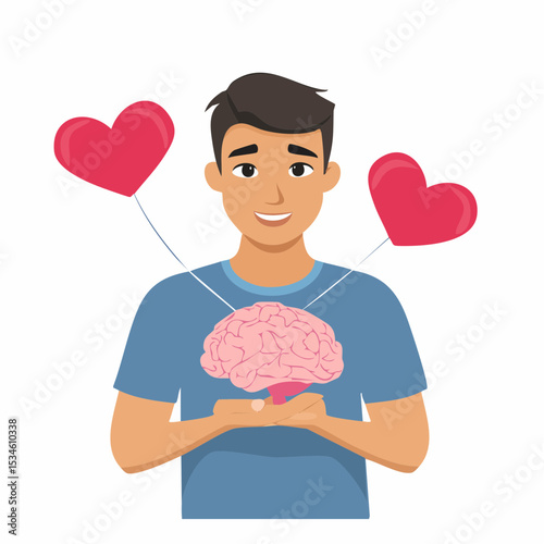 Emotional Intelligence, EI or control feeling and emotion with logical thinking brain, empathy or social skill, self control or balance concept, man connect heart feeling with logical thinking brain