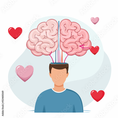 Emotional Intelligence, EI or control feeling and emotion with logical thinking brain, empathy or social skill, self control or balance concept, man connect heart feeling with logical thinking brain