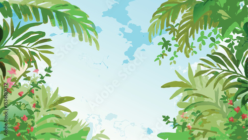 Tropical foliage with palm leaves and red flowers against a light blue sky background scenery view