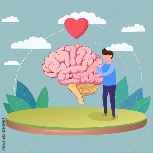 Emotional Intelligence, EI or control feeling and emotion with logical thinking brain, empathy or social skill, self control or balance concept, man connect heart feeling with logical thinking brain