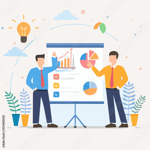 Sales pitch or presentation for business idea and opportunity, presenting proposal or plan to client or prospect, convince or selling concept, confidence businessman present sales pitch on whiteboar