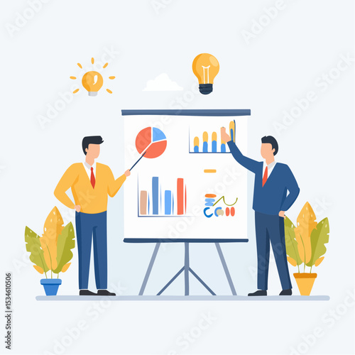 Sales pitch or presentation for business idea and opportunity, presenting proposal or plan to client or prospect, convince or selling concept, confidence businessman present sales pitch on whiteboar