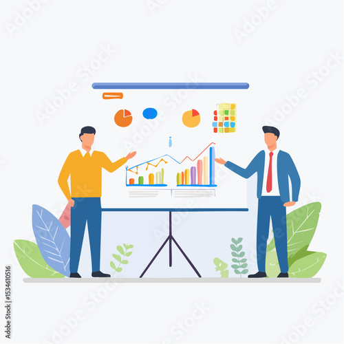 Sales pitch or presentation for business idea and opportunity, presenting proposal or plan to client or prospect, convince or selling concept, confidence businessman present sales pitch on whiteboar