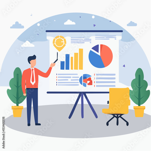 Sales pitch or presentation for business idea and opportunity, presenting proposal or plan to client or prospect, convince or selling concept, confidence businessman present sales pitch on whiteboar