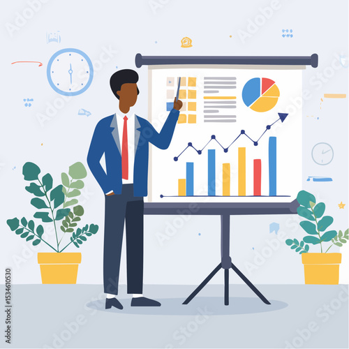 Sales pitch or presentation for business idea and opportunity, presenting proposal or plan to client or prospect, convince or selling concept, confidence businessman present sales pitch on whiteboar