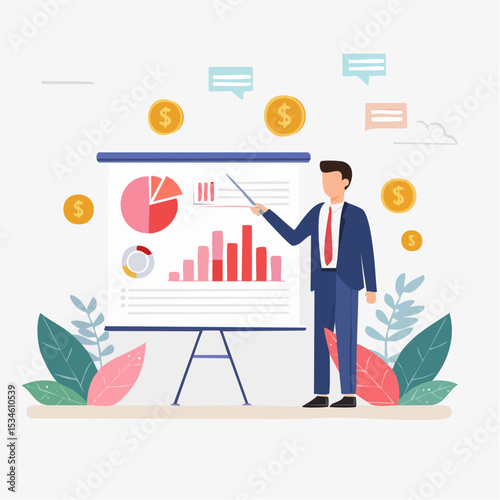 Sales pitch or presentation for business idea and opportunity, presenting proposal or plan to client or prospect, convince or selling concept, confidence businessman present sales pitch on whiteboar