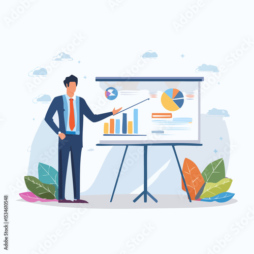 Sales pitch or presentation for business idea and opportunity, presenting proposal or plan to client or prospect, convince or selling concept, confidence businessman present sales pitch on whiteboar