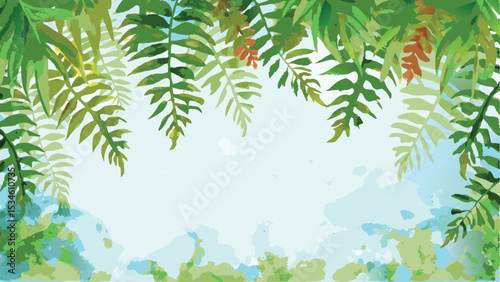 Watercolor illustration of ferns and foliage hanging down with a light blue and green background
