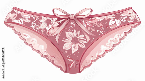 A lace bikini short in soft pastel pink, detailed with delicate floral patterns and satin bow, rests gracefully on a white background, ideal for showcasing femininity and romantic vector design.

