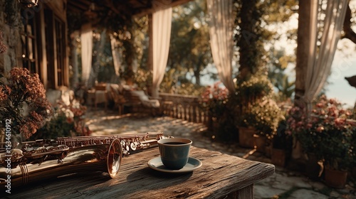 Morning Coffee and Saxophone on a Rustic Veranda
