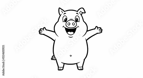 A cheerful cartoon pig with outstretched arms, depicted in simple black and white line art. The pig has a large smile and friendly expression, perfect for childrens illustrations or coloring pages.