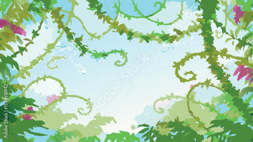 Looking up through lush green vines and foliage towards a bright blue and white sky scene view