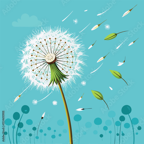 Vibrant Dandelion Puffball with Seeds and Leaves Blowing in a Blue Sky - Ideal for Nature, Spring, Freedom, and Environmental Designs