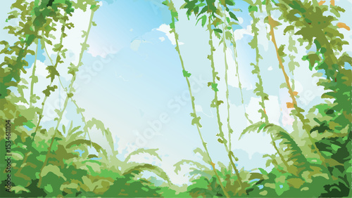 View of a bright sky through dense green foliage and hanging vines in a tropical environment scene