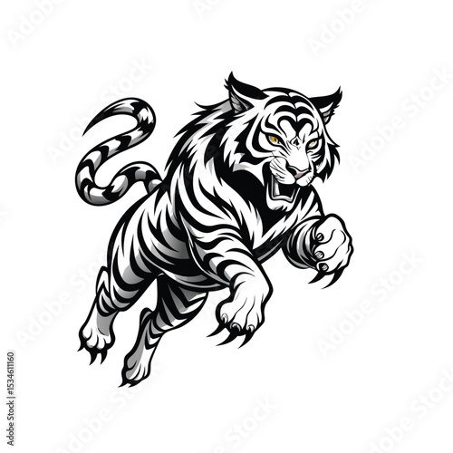 Dynamic Black and White Illustration of an Aggressive Tiger in Mid-Leap with Yellow Eyes - Perfect for Sports Mascots, Wildlife, and Power Concepts