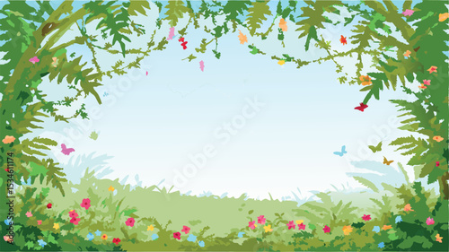 A whimsical garden scene with flowers butterflies and lush green foliage creating a serene atmosphere view