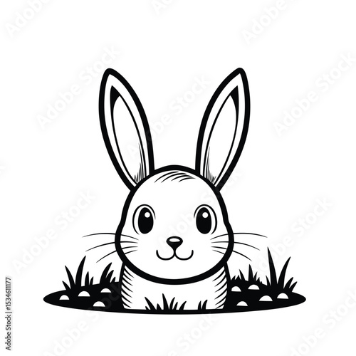 Adorable Minimalist Black and White Line Art of a Cute Rabbit Peeking from Grass - Ideal for Children, Spring, and Easter Themes