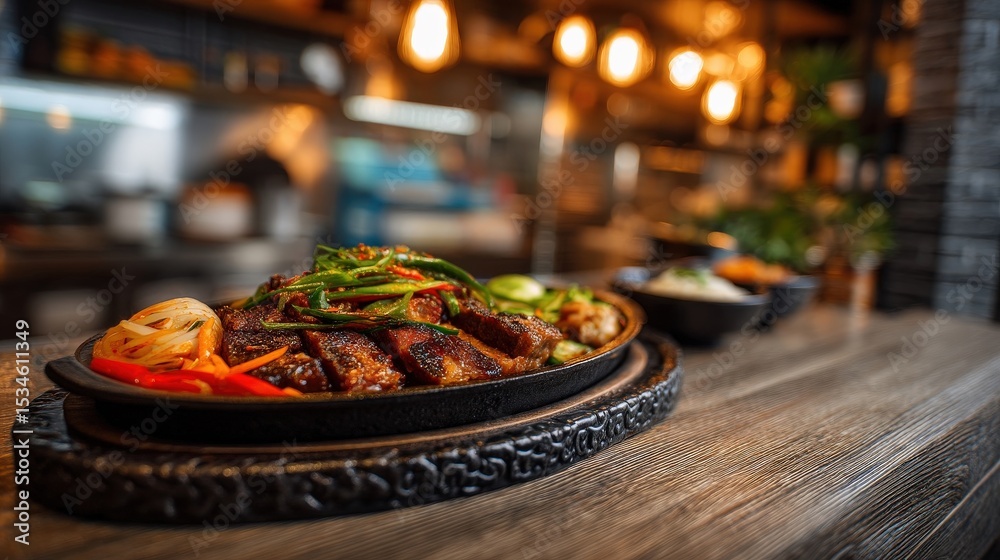 Fototapeta premium Galbi : Sizzling dish on a wooden table in a cozy restaurant setting. AI-generated.