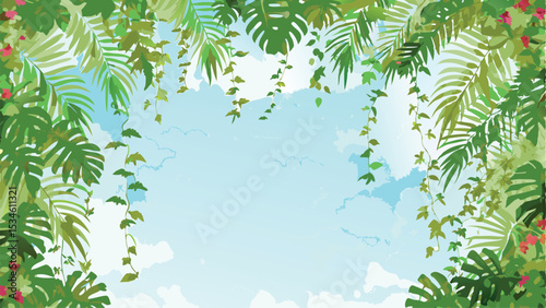 A view of a bright sky framed by lush green tropical foliage with monstera and palm leaves overhead